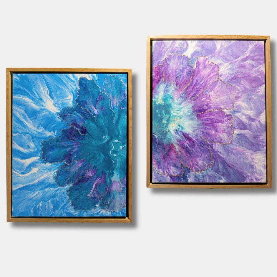 set of two 16x20 framed acrylic abstract paintings in blue and purple tones with fluid, blooming shapes displayed side by side