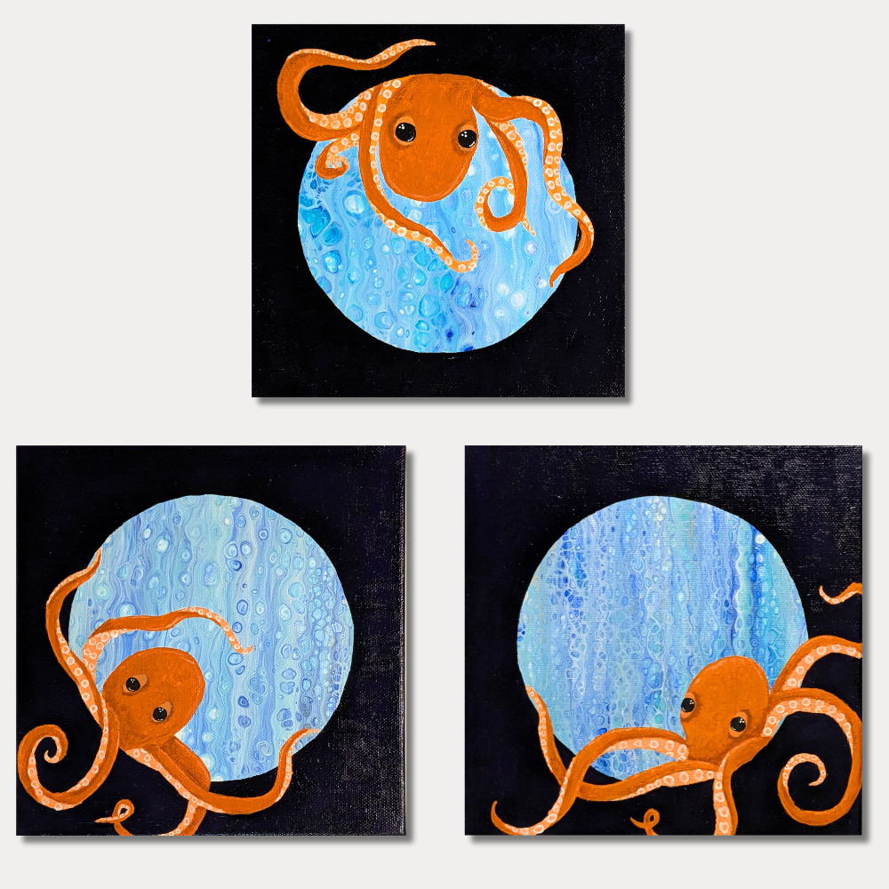 set of three 8x8 acrylic paintings of orange octopuses in a blue ocean scene with a starry background, displayed together