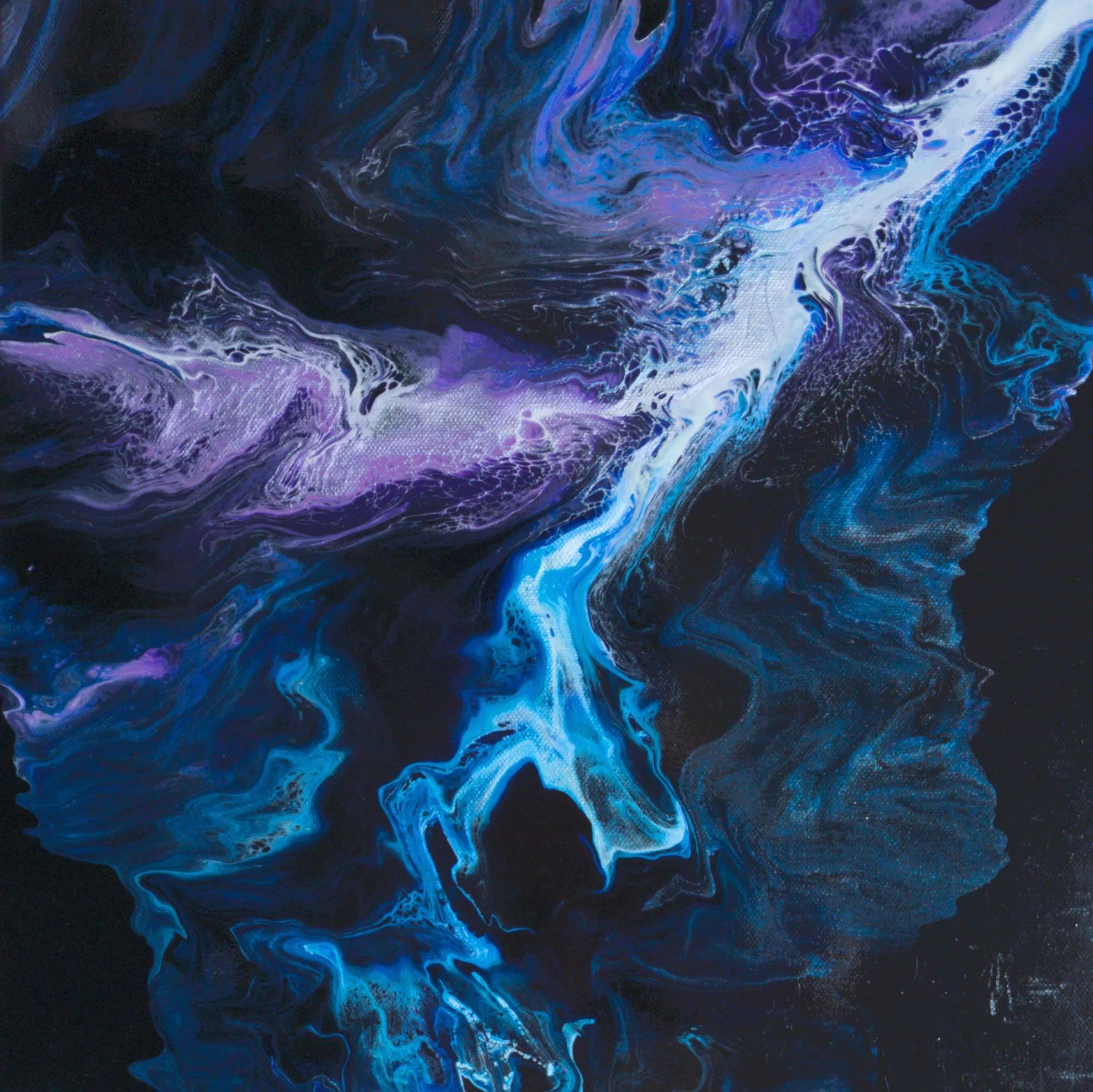 16x16 acrylic abstract painting with flowing blue and purple shapes resembling a glowing river against a dark background