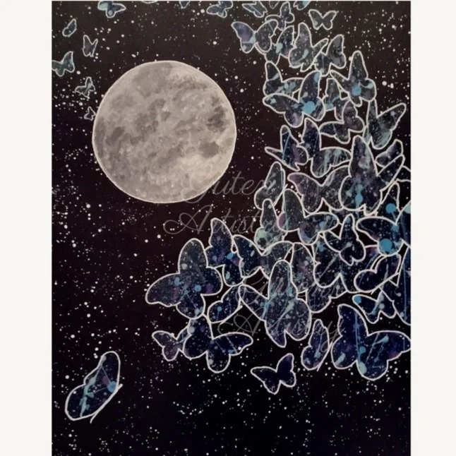 Midnight Kaleidoscope original 16x20 acrylic painting of butterflies flying under a glowing moon.