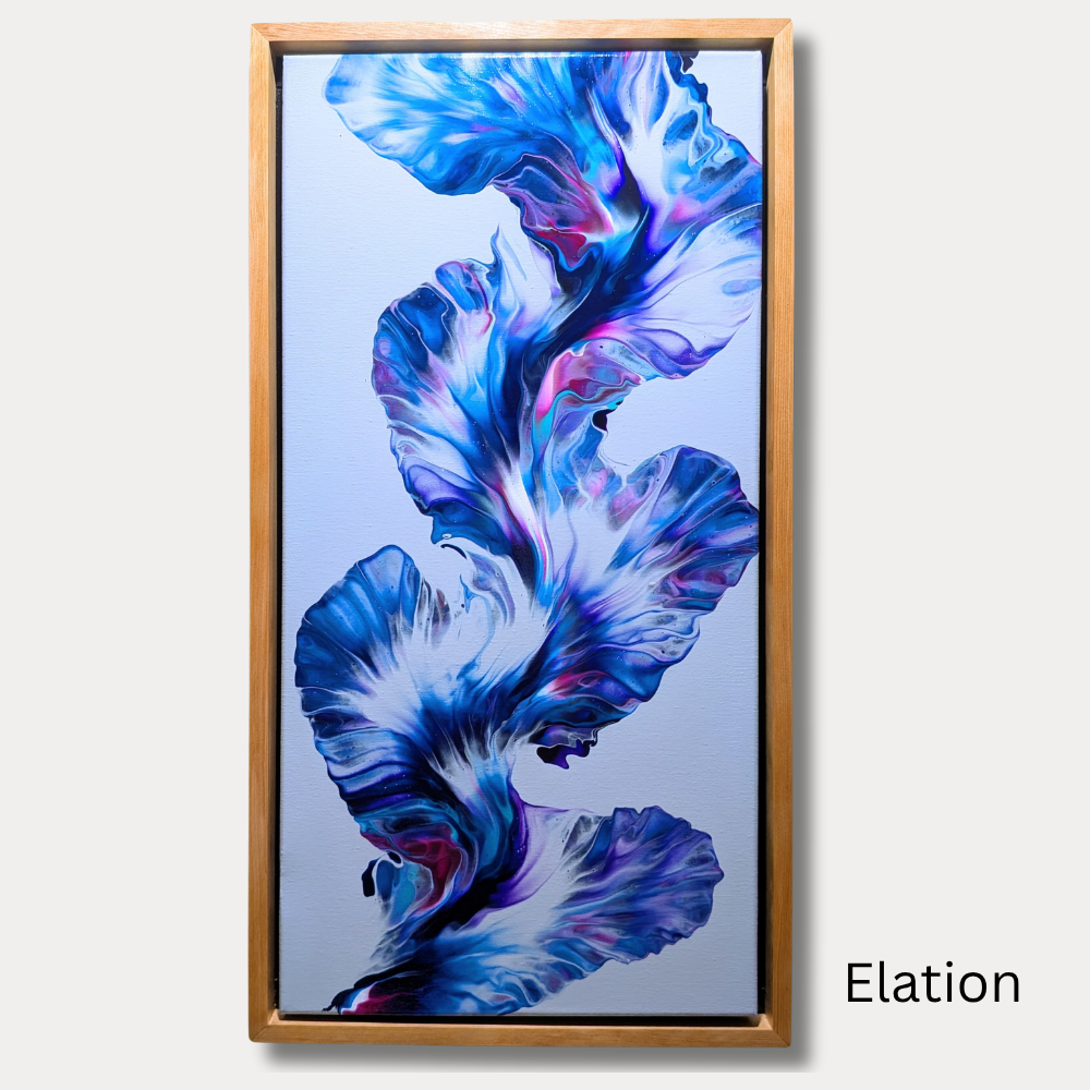 12x24 framed acrylic abstract painting with flowing blue, purple, and magenta petal-like forms on a light background