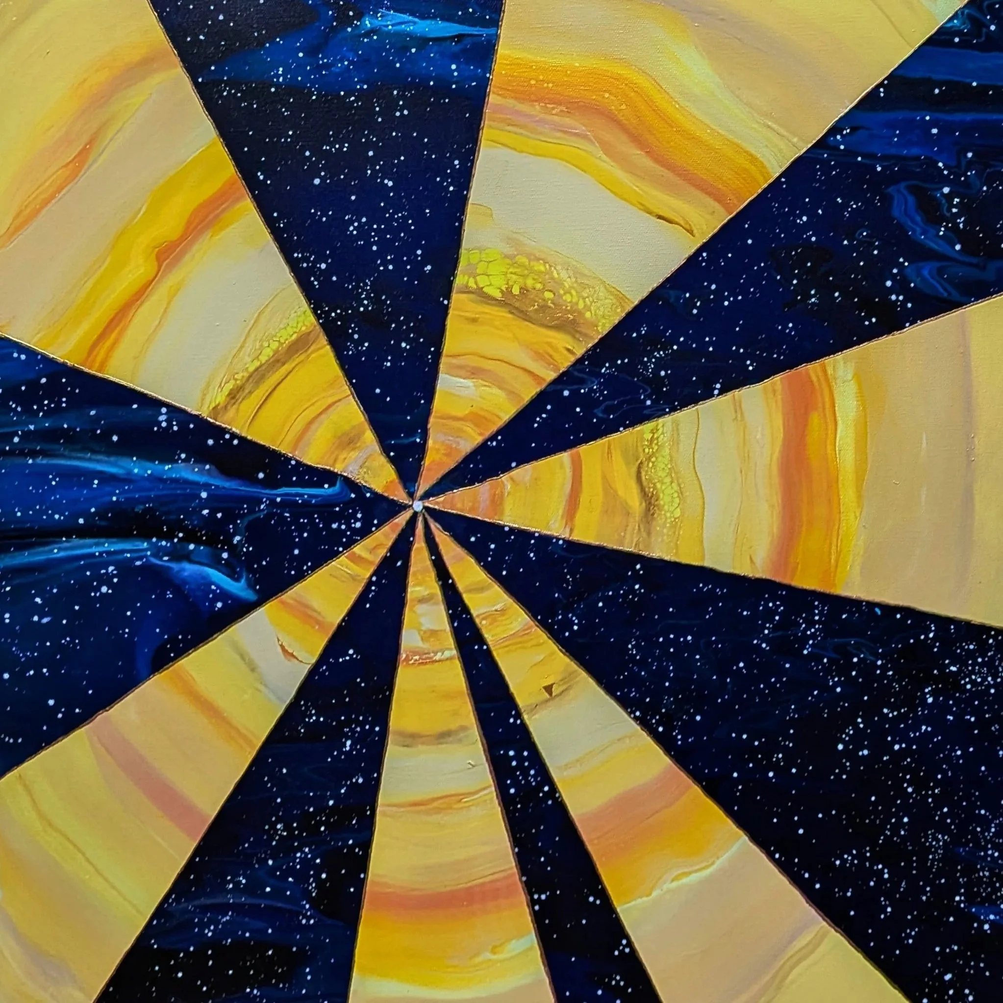 30x40 framed acrylic painting with yellow sun-like rays alternating with dark blue starry sections in a radial design