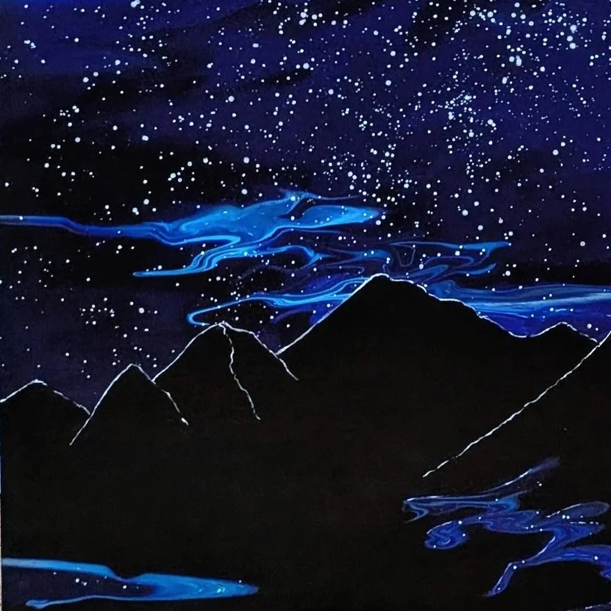 24x48 framed acrylic painting of a starry night sky over dark mountains with a glowing blue river winding through the landscape