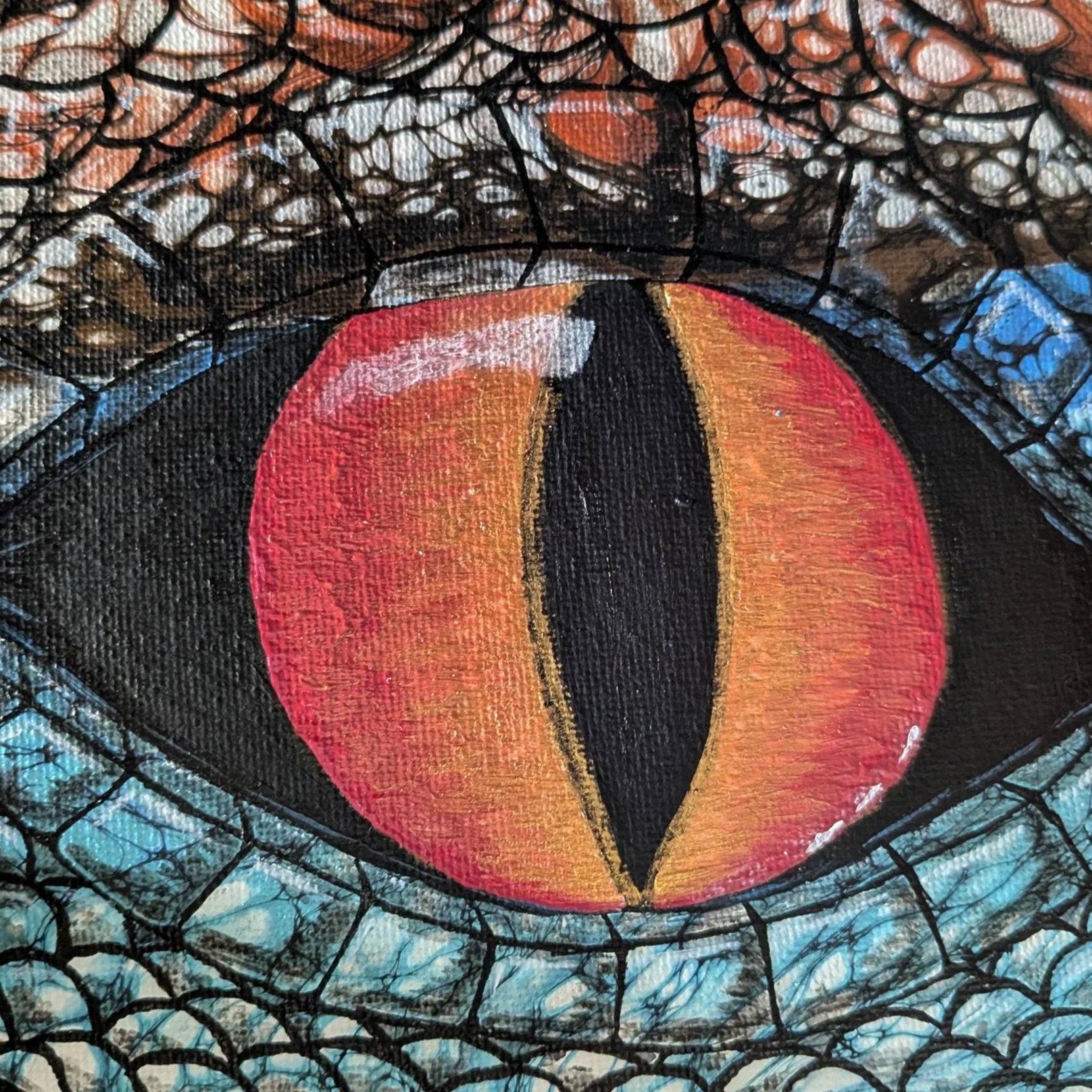 8x10 acrylic painting of a fiery orange and red dragon eye surrounded by textured, scale-like patterns in dark tones