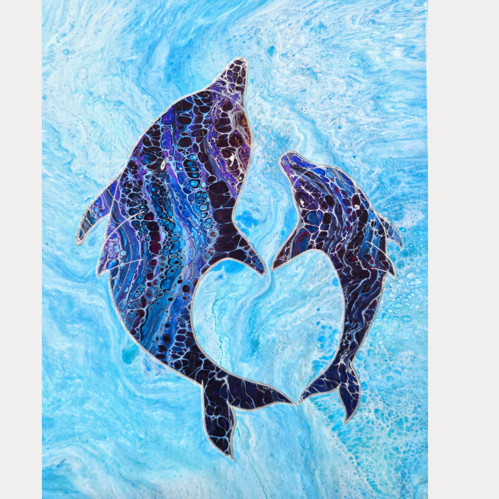 12x16 acrylic painting of a mother and baby dolphin swimming side by side in a blue scene that blends water and sky.