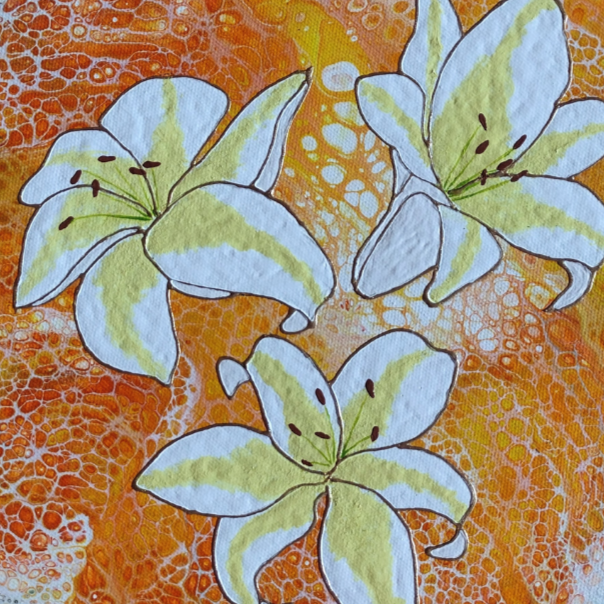 12 inch round acrylic painting of white lilies on a textured orange and gold fluid art background
