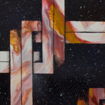 10x20 acrylic painting with interlocking geometric shapes in gold and copper tones over a dark starry background