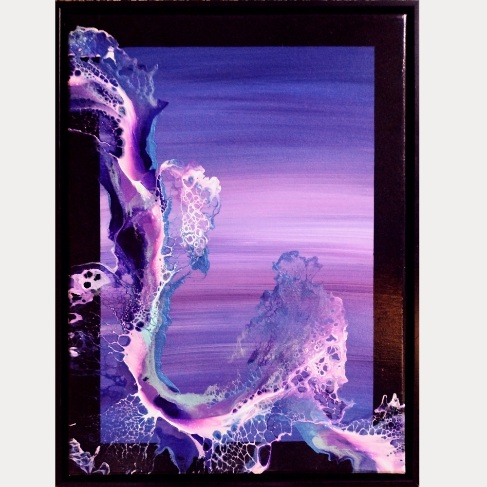 12x16 framed acrylic painting with purple and blue ocean-like abstract forms and soft gradient background