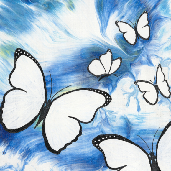 8x10 acrylic painting of white butterflies floating across a swirling blue and white abstract background