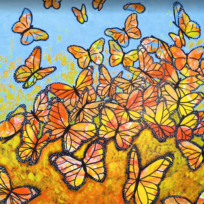 12x16 framed acrylic painting of orange and yellow monarch butterflies flying above a warm golden field under a blue sky