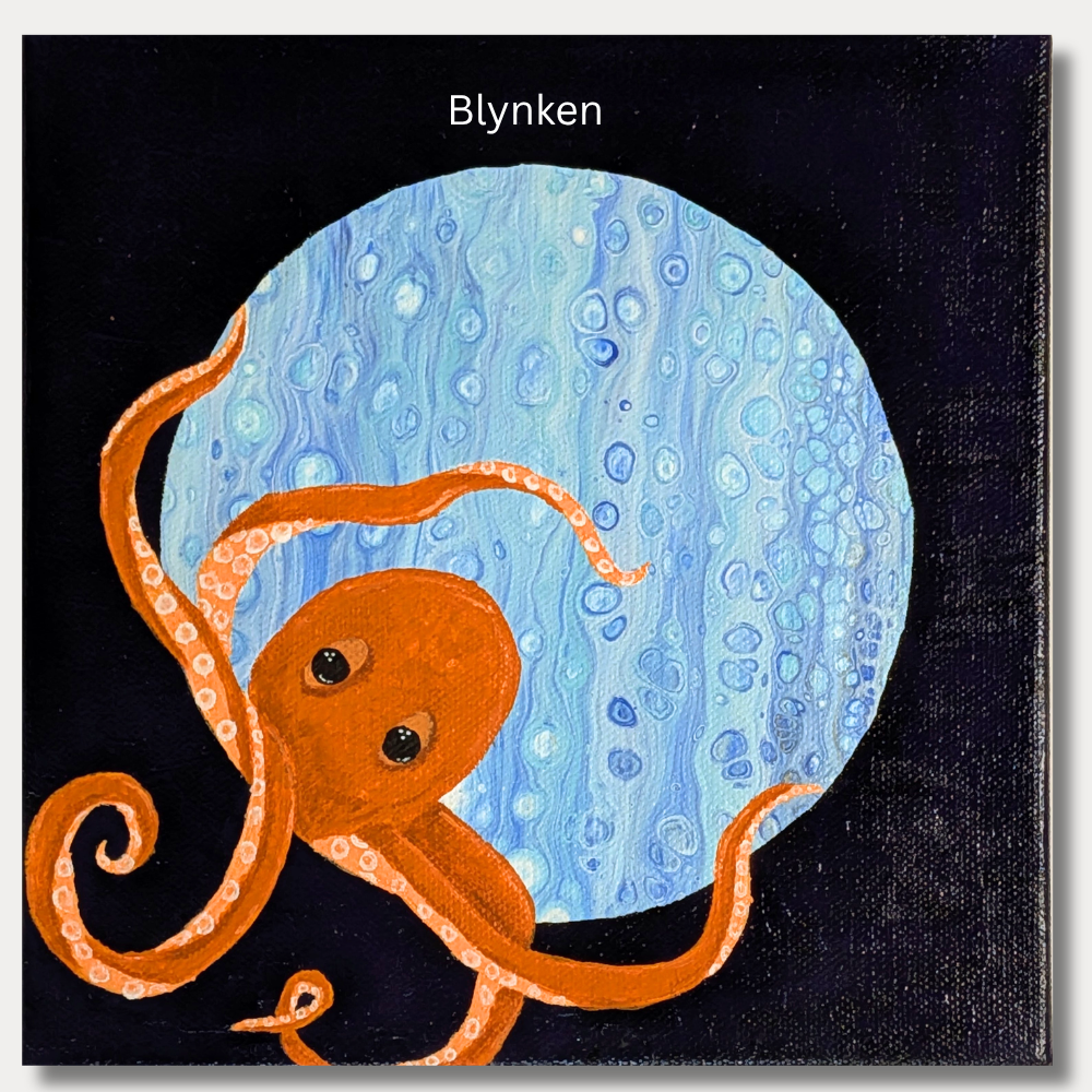 8x8 acrylic painting of orange octopus in a blue ocean scene with a starry background