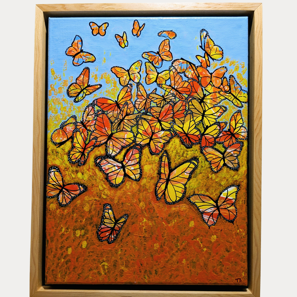 12x16 framed acrylic painting of orange and yellow monarch butterflies flying above a warm golden field under a blue sky