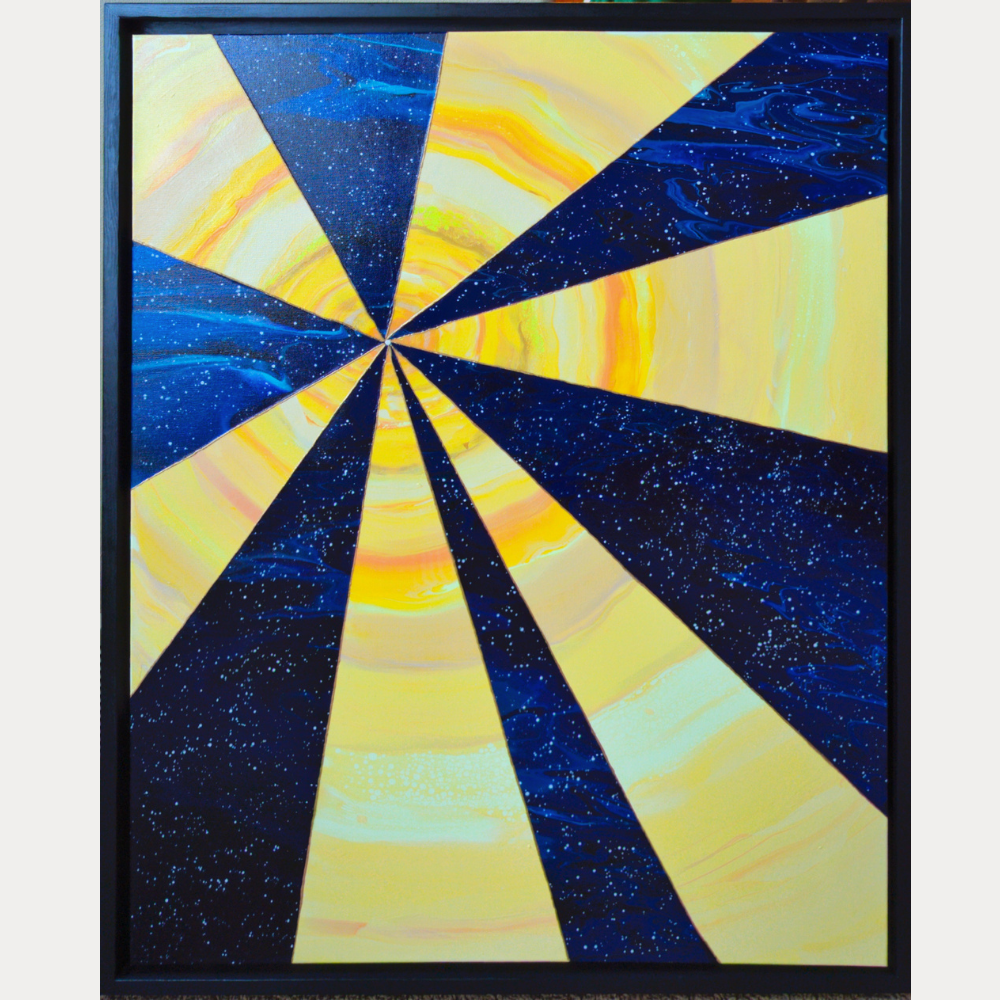 30x40 framed acrylic painting with yellow sun-like rays alternating with dark blue starry sections in a radial design