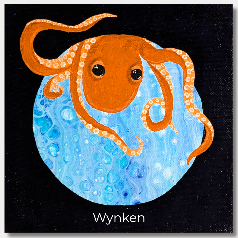 8x8 acrylic painting of orange octopus in a blue ocean scene with a starry background