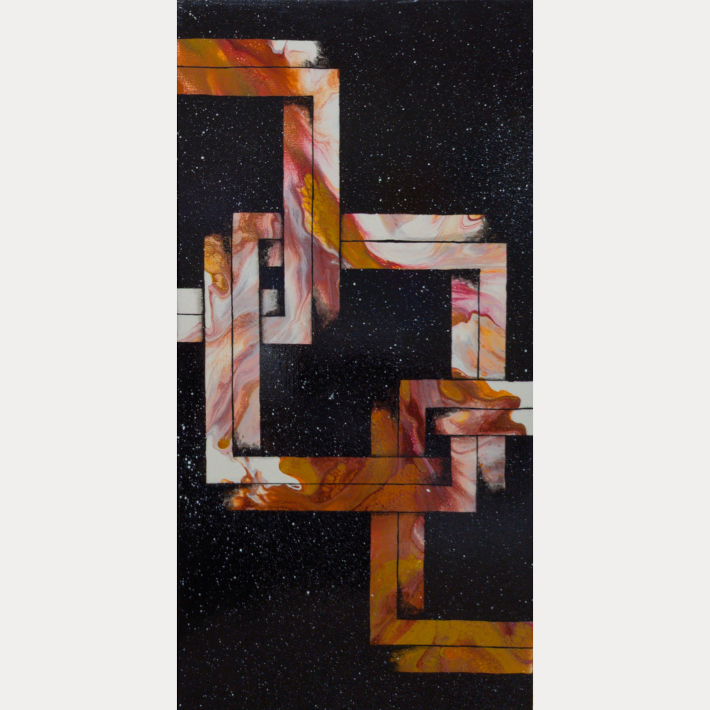 10x20 acrylic painting with interlocking geometric shapes in gold and copper tones over a dark starry background