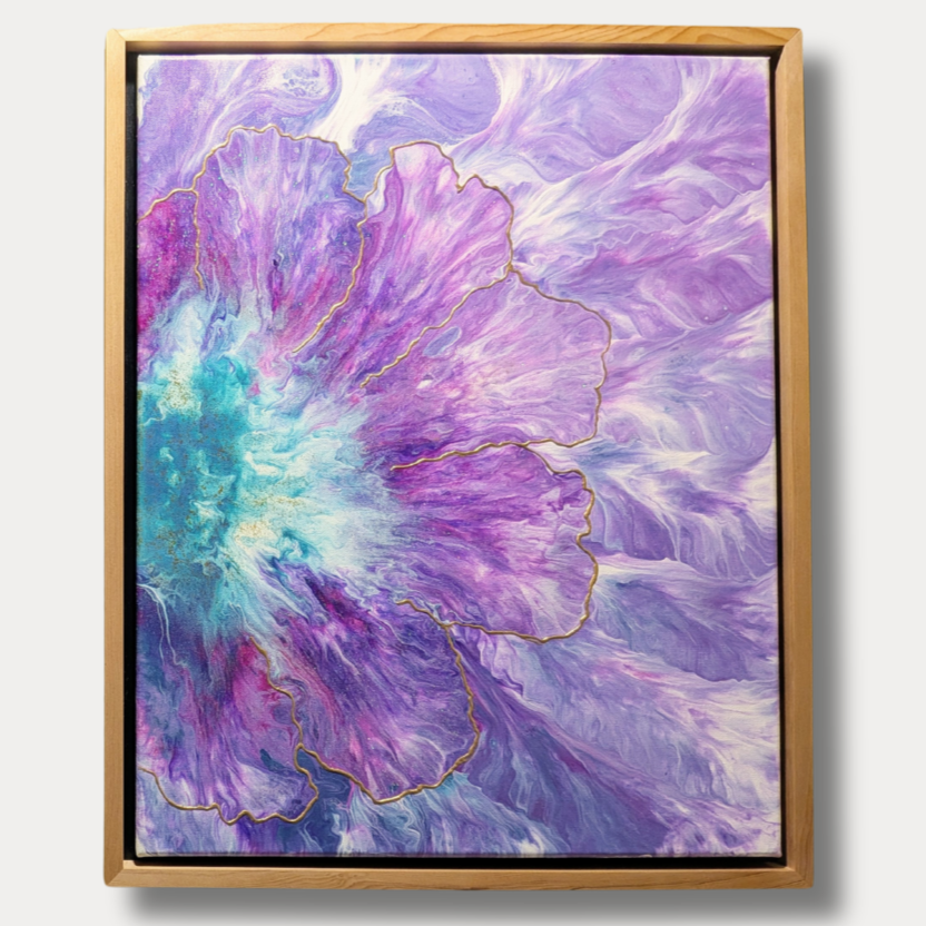 16x20 framed acrylic abstract painting in purple and lavender tones with soft, blooming petal-like fluid shapes