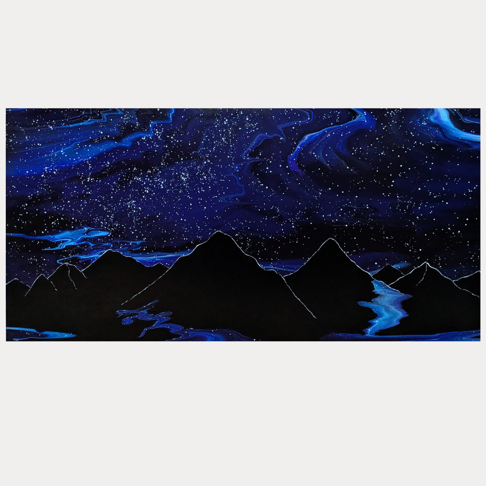 24x48 framed acrylic painting of a starry night sky over dark mountains with a glowing blue river winding through the landscape