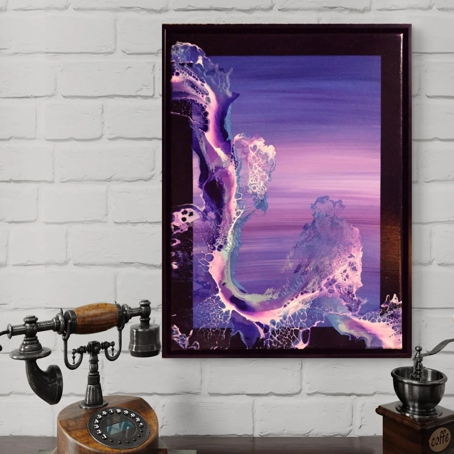 12x16 framed acrylic painting with purple and blue ocean-like abstract forms and soft gradient background