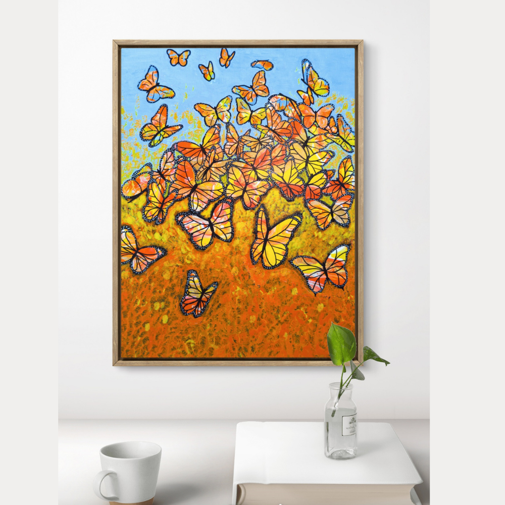 12x16 framed acrylic painting of orange and yellow monarch butterflies flying above a warm golden field under a blue sky
