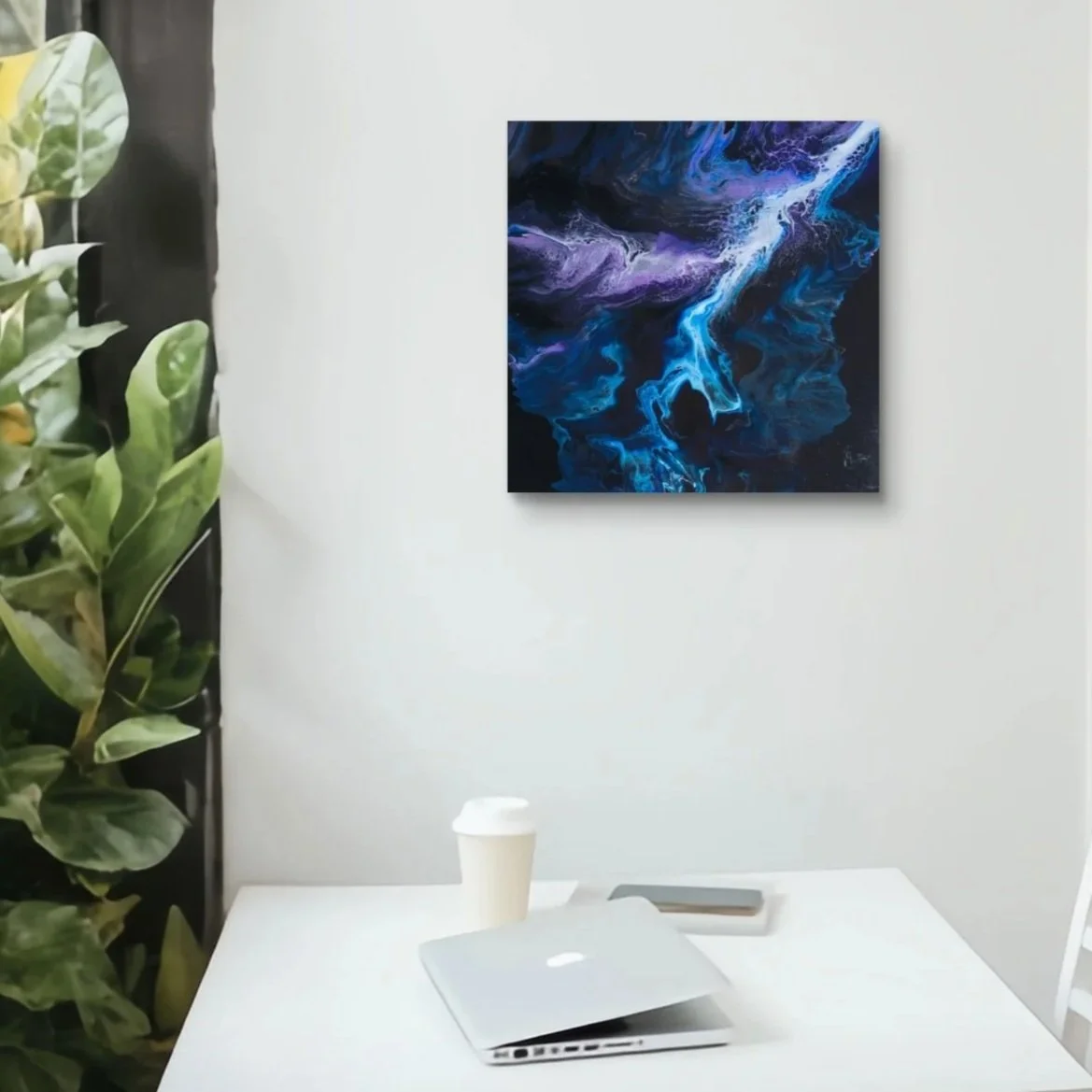 16x16 acrylic abstract painting with flowing blue and purple shapes resembling a glowing river against a dark background