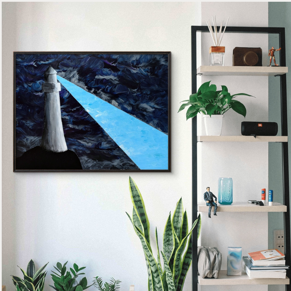 30x40 framed acrylic painting of a white lighthouse casting a bright beam of light through a dark blue stormy sky