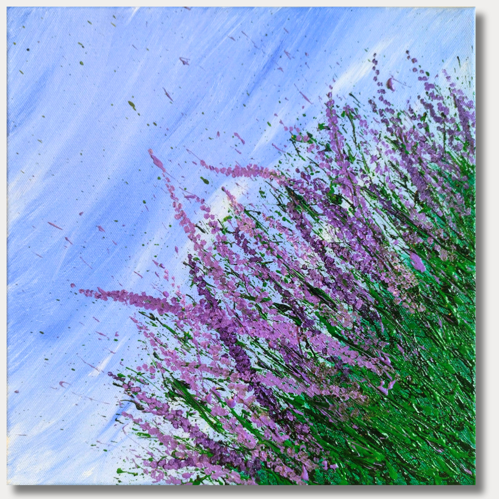 12x12 acrylic painting of purple lavender flowers in a green field with a light blue sky and expressive splatter texture