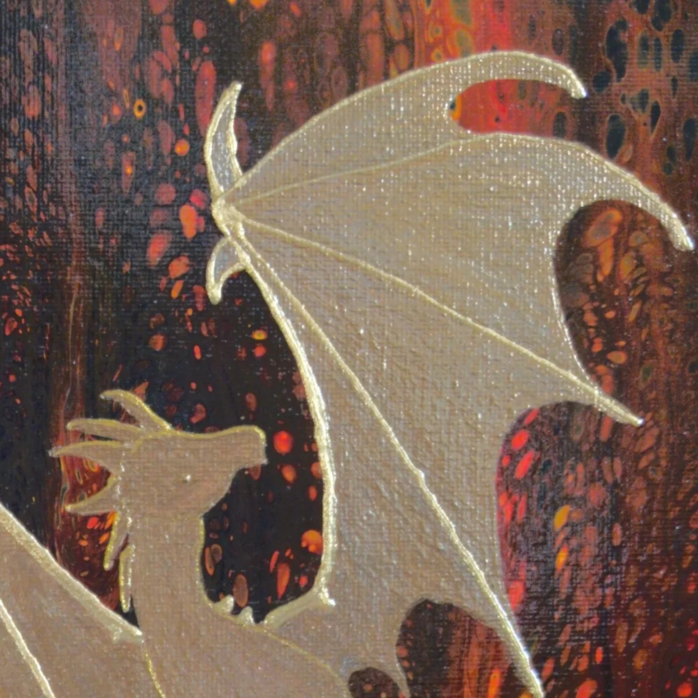 8x10 acrylic painting of a metallic bronze-gold dragon with outstretched wings against a fiery red, copper, orange, and black fluid background.