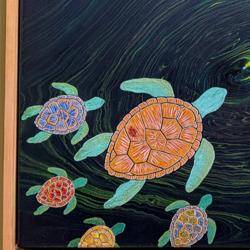 18x24 framed acrylic painting of sea turtles with patterned shells swimming through a dark swirling ocean resembling a cosmic vortex