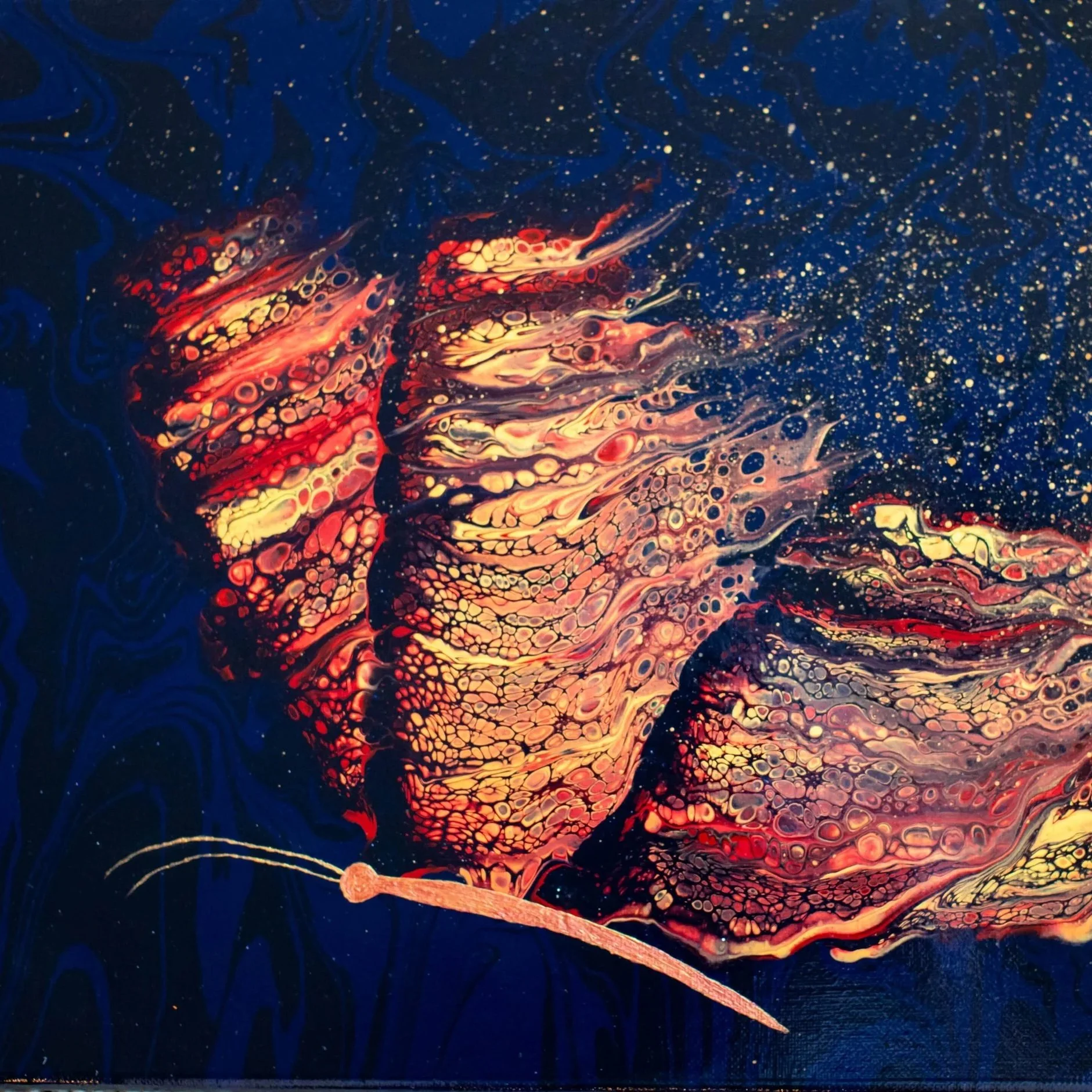 12x16 framed acrylic painting of a glowing red and gold butterfly emerging from a dark blue background with fluid textured details