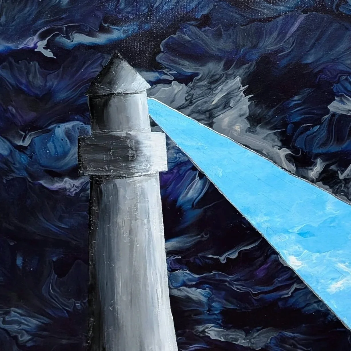 30x40 framed acrylic painting of a white lighthouse casting a bright beam of light through a dark blue stormy sky