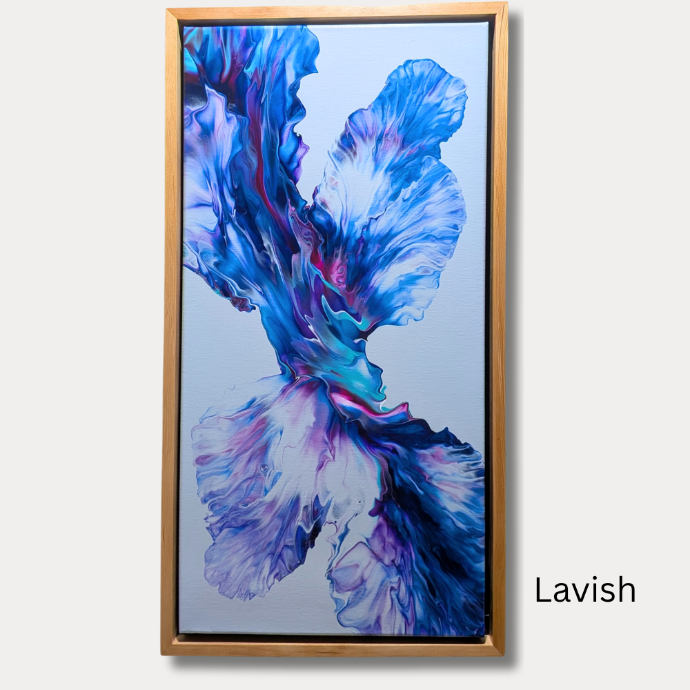 12x24 framed acrylic abstract painting with flowing blue, purple, and magenta petal-like forms on a light background