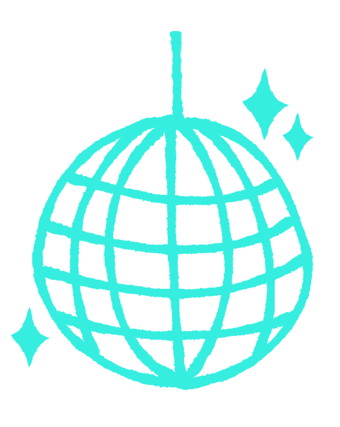 A stylized disco ball with a grid pattern, surrounded by three sparkle icons, in light blue color.