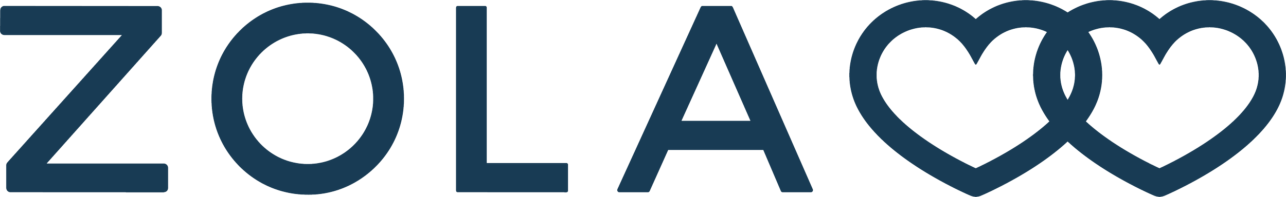The text 'ZOLA' in large, dark blue letters with two heart symbols replacing the letter 'O'.