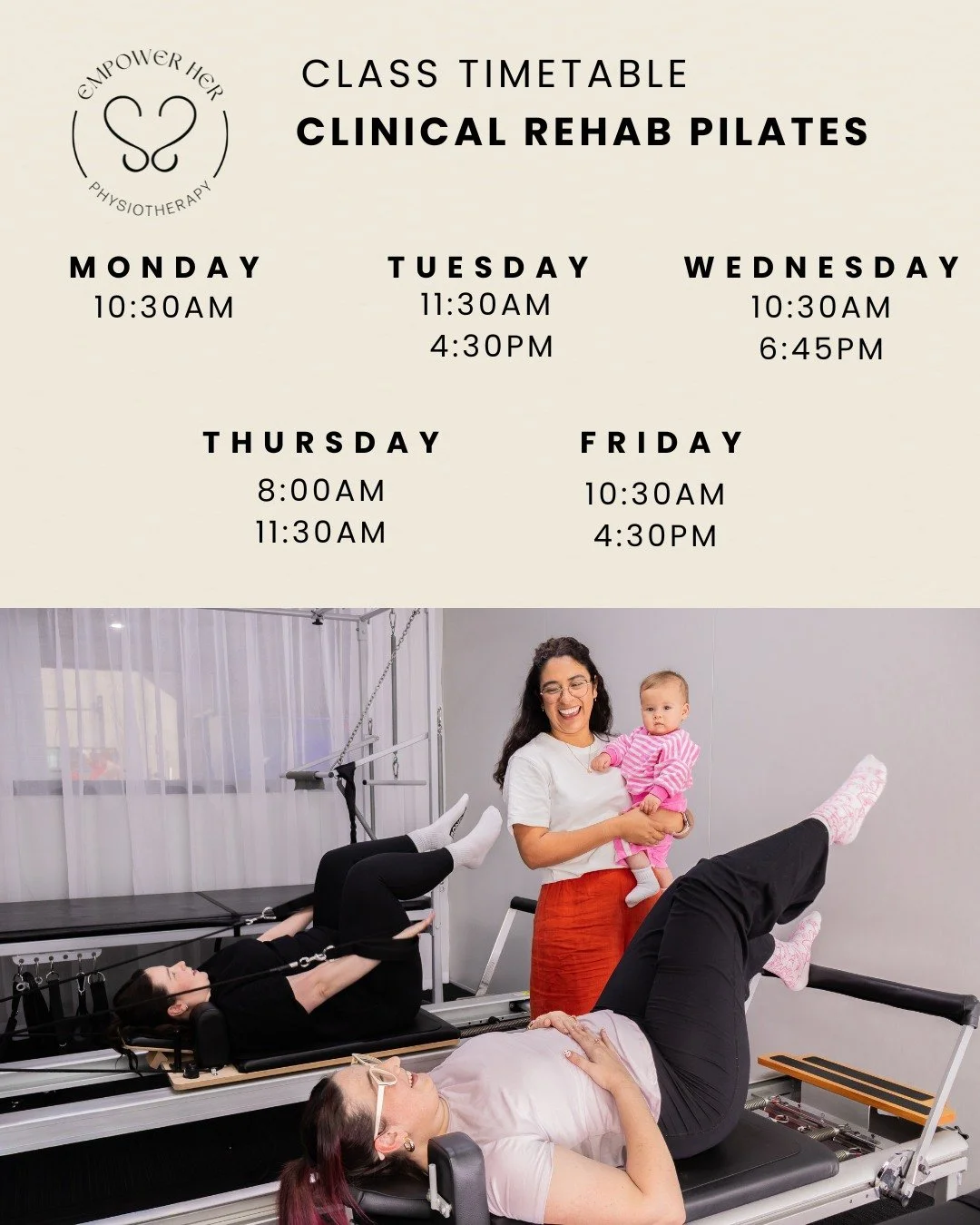 Clinical Rehab Pilates Timetable 🧘&zwj;♀️

Looking to move, strengthen, and feel empowered? 💪 Our updated Clinical Rehab Pilates timetable is now live - and yes, it's health fund rebatable! Enjoy our spacious studio filled with top-tier equipment t