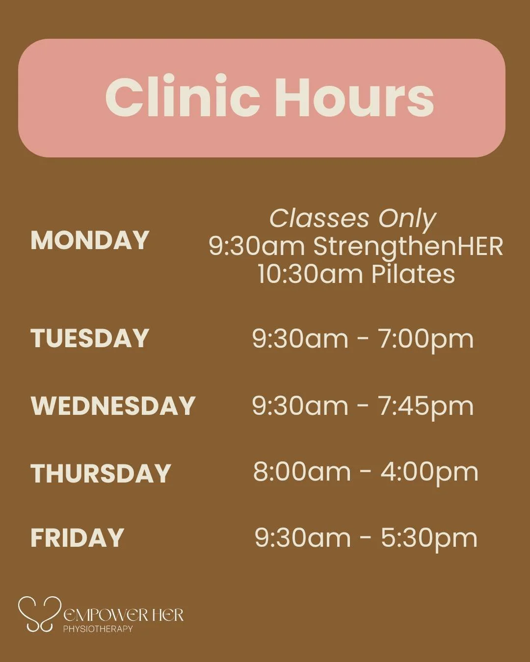 ✨ New Year, Same Exceptional Care ✨

Our 2026 Clinic Hours Are Here! We&rsquo;re ready to support you every step of the way in 2026. 

Book your appointment today and start the year feeling empowered! 💪
📞 Call us or DM to secure your spot.

#Empowe