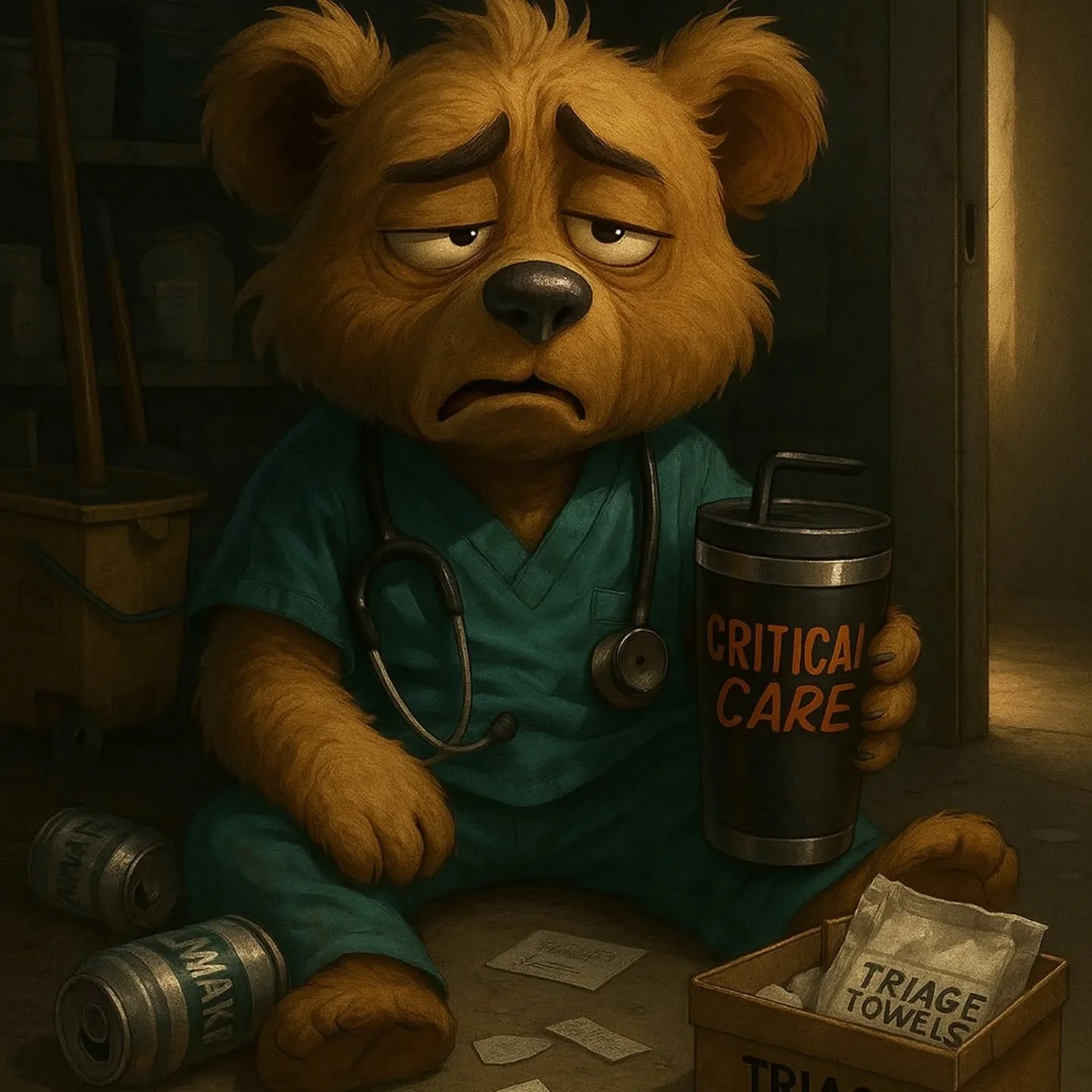 He&rsquo;s got caffeine in his veins, burnout in his bones, and a stethoscope held together with trauma and tape. 🧸💉
This isn&rsquo;t just a teddy bear &mdash; this is every caregiver who&rsquo;s held it together with sarcasm and snacks.
Welcome to
