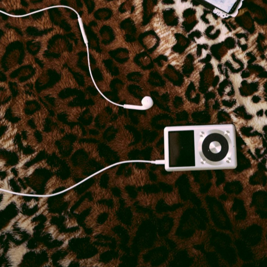 A white iPod with a click wheel and a screen, connected to white earphones resting on a leopard print fabric surface.