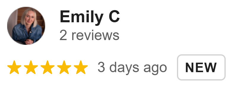 An image of Emily C, a business woman leaving a 5 star review after using Tom Hendrick's public speaking coaching services.