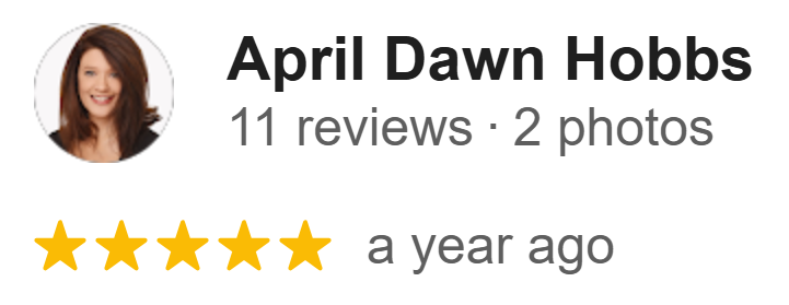 An image of April Dawn Hobbs, a business woman leaving a 5 star review after using Tom Hendrick's public speaking coaching services.