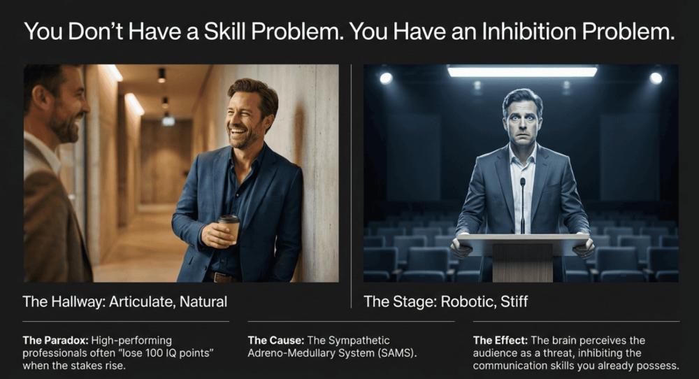 two photos of the same man being comfortable speaking but inhibited and nervous on stage