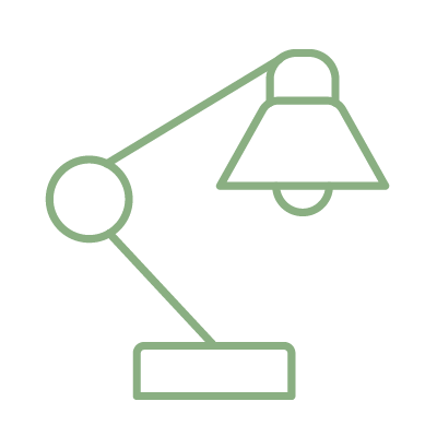 Line drawing of a desk lamp with an adjustable arm and a rectangular base.