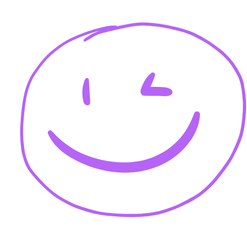 A purple doodle of a smiling face with one eye closed and a winking expression.