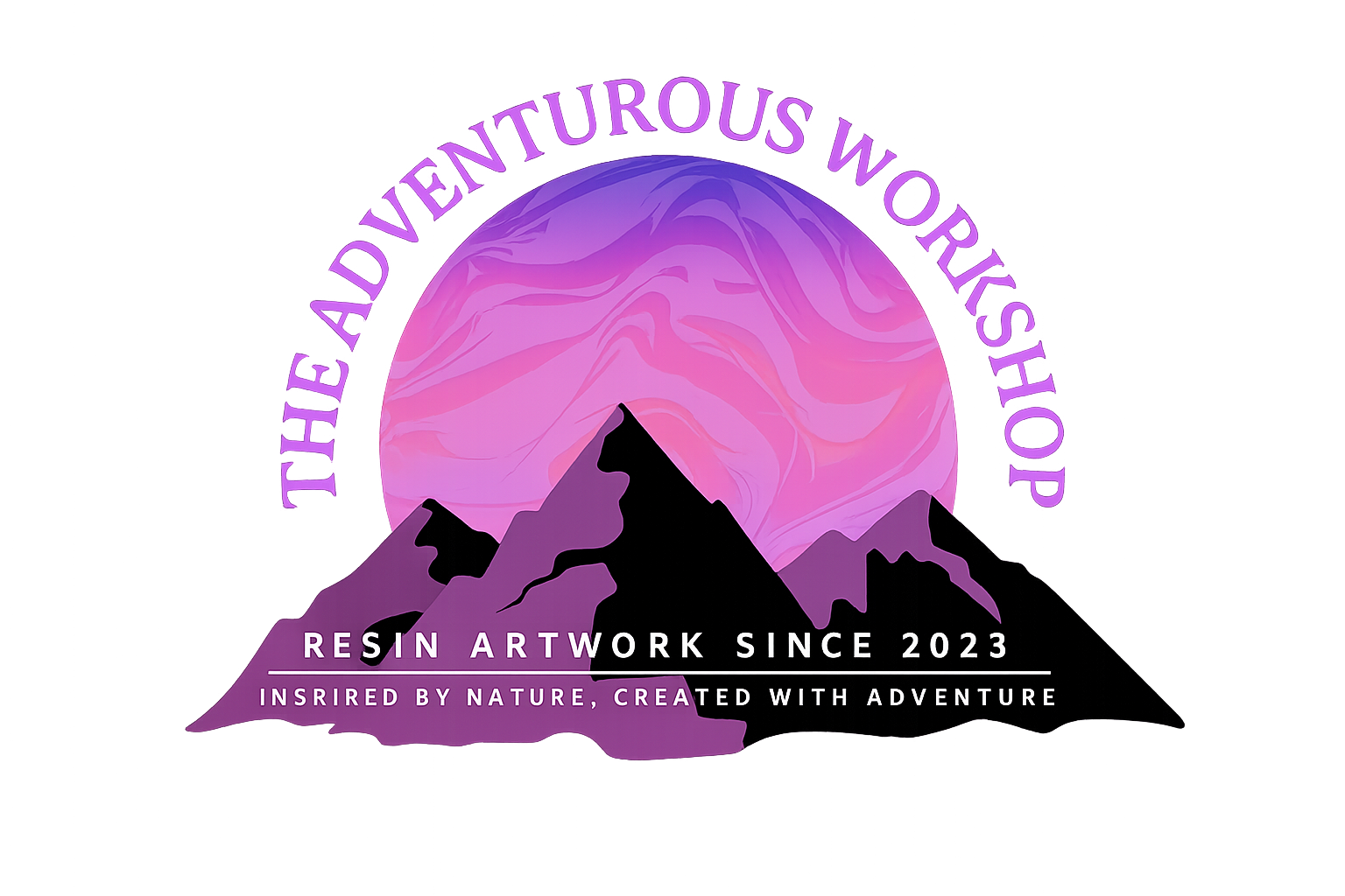 Neon logo featuring mountain peaks with a pink and purple swirling background and the text 'The Adventurous World of Kishop'. Additional text reads 'Resin Artwork Since 2023' and 'Inspired by Nature, Created with Adventure'.