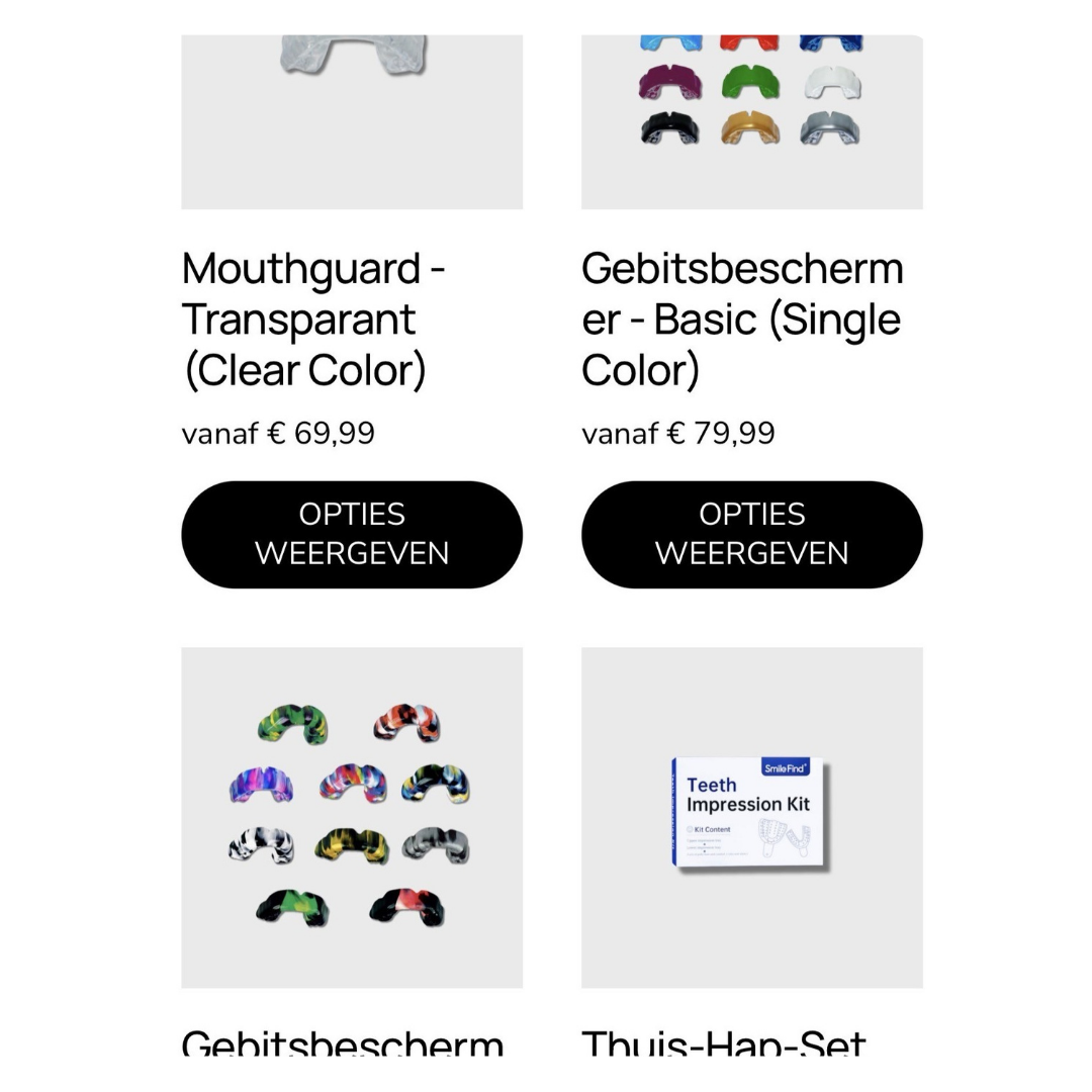 Productafbeeldingen van verschillende beschermhoezen en een tandenstempel-set, met bijbehorende prijzen en opties.