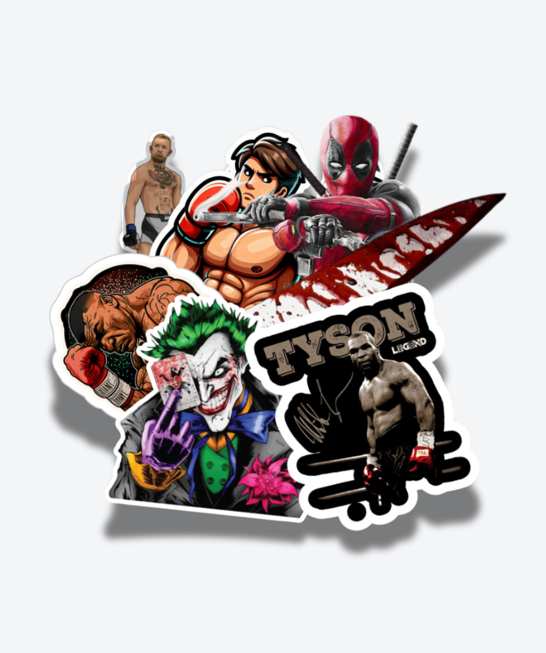 Verschillende stickers van superhelden en populaire figuren, waaronder Deadpool, Batman, de Joker, en een onbekende man met tattoo's, tegen een witte achtergrond.