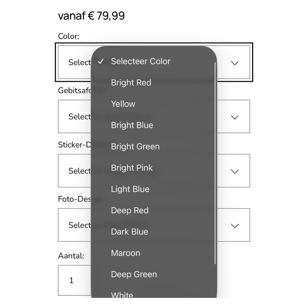 Screenshot van een online bestelpagina met een dropdownmenu voor het selecteren van kleuren, inclusief opties zoals Bright Red, Yellow, Bright Blue, Bright Green, Bright Pink, Light Blue, Deep Red, Dark Blue, Maroon, Deep Green en White.
