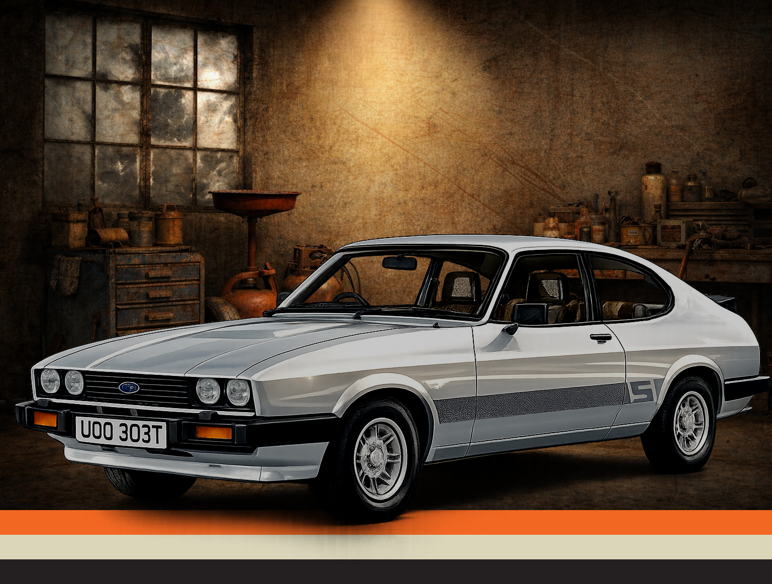 A vintage white and gray classic two-door car inside a workshop with rusty tools and industrial equipment in the background.