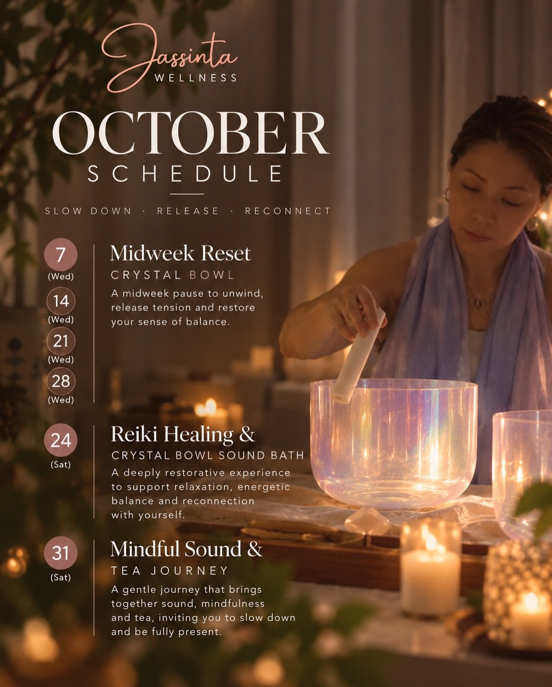 ✨ October at Jassinta Wellness ✨

A new month, a gentle reminder to slow down, pause and make space for yourself. 🤍

Whether you&rsquo;re looking to release built-up tension, ease stress, quieten a busy mind or simply reconnect with yourself, I&rsqu