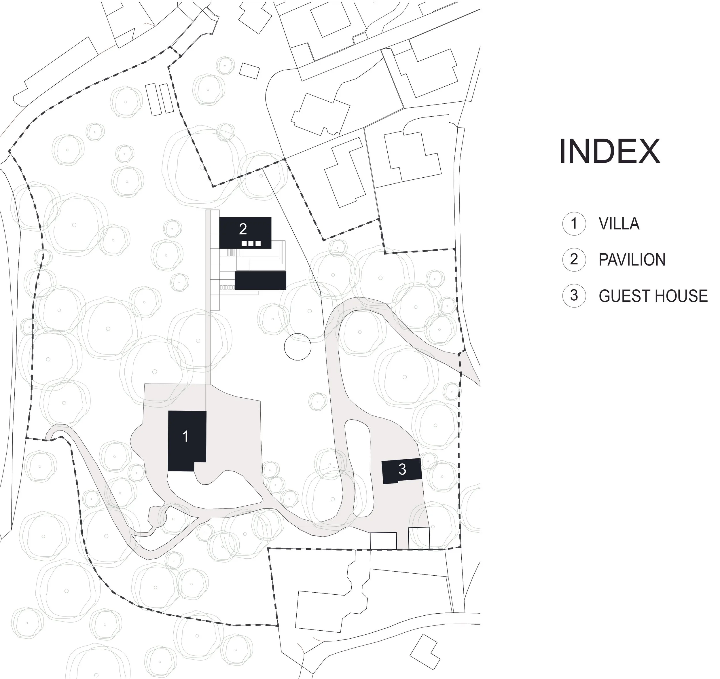Planimetria con tre edifici numerati come Villa, Pavilion e Guest House, circondati da alberi e percorsi, con legenda destra.