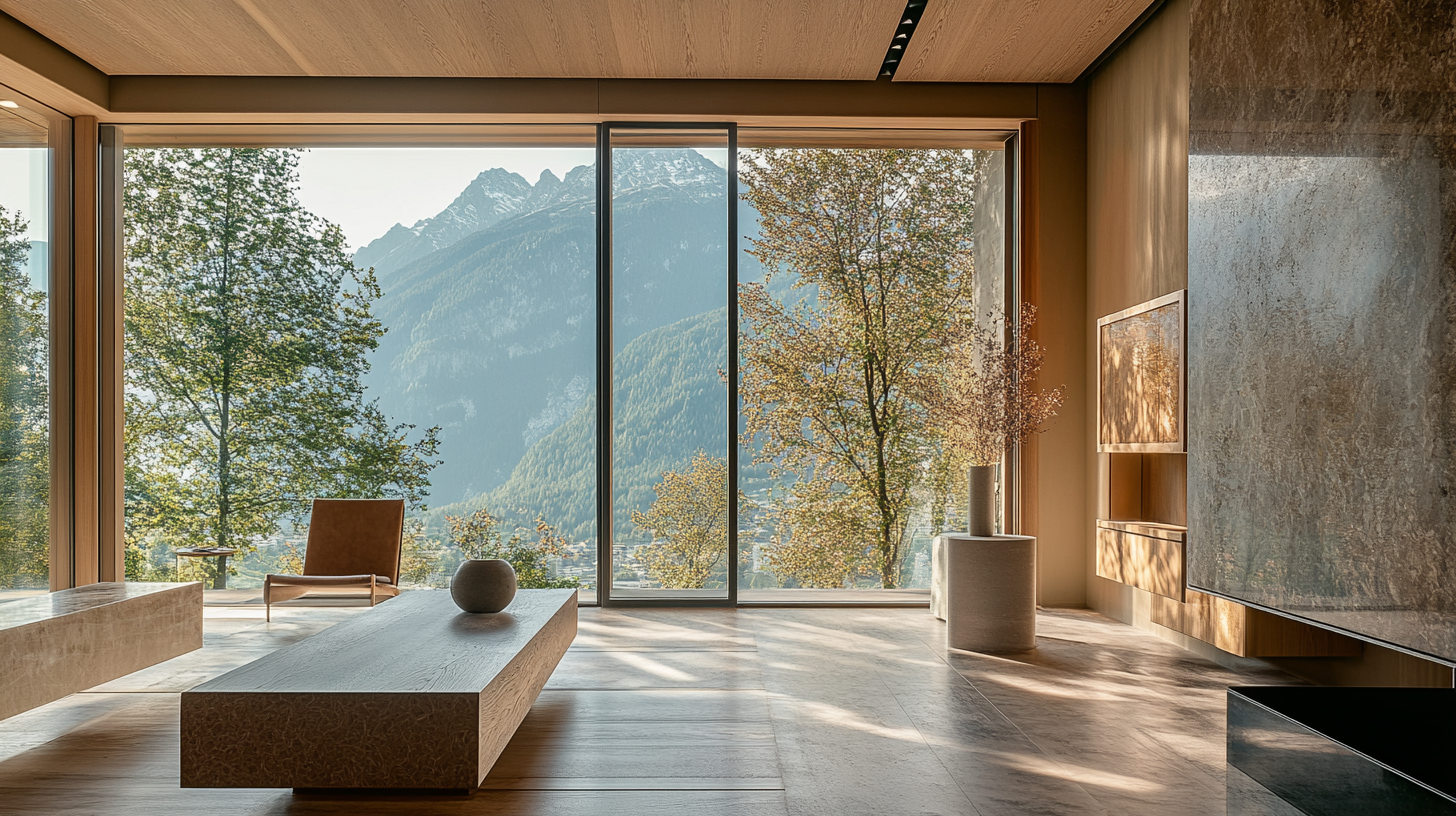 Interno di una stanza moderna con pareti di legno, grande finestra panoramica che mostra montagne e alberi, arredamento minimalista con tavolino e ciotola sull'angolo, e opere d'arte sulla parete.